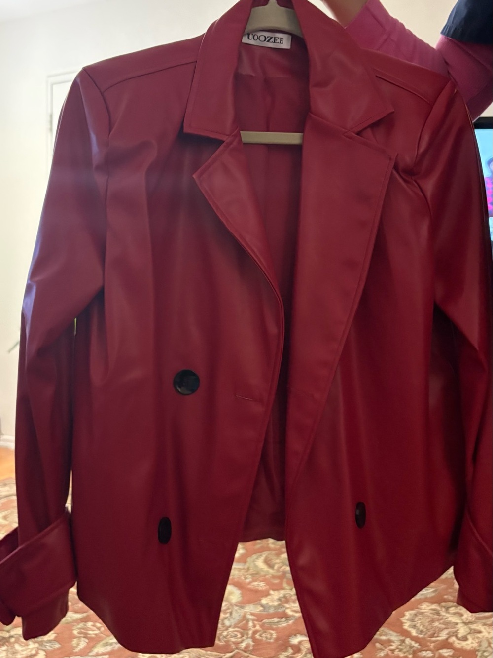 Women's Red Faux Leather Double-Breasted Blazer